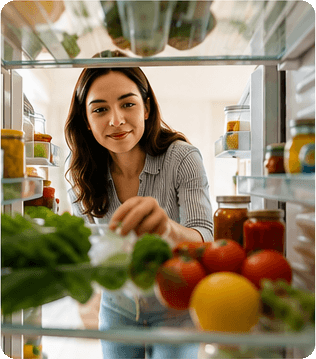 Person looking into a refrigerator to see what food is already available