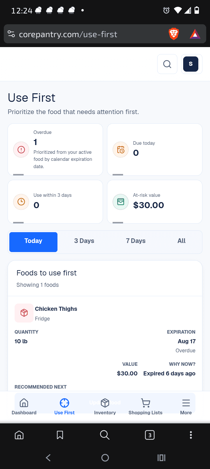Core Pantry Use First in a mobile browser, showing food that needs attention